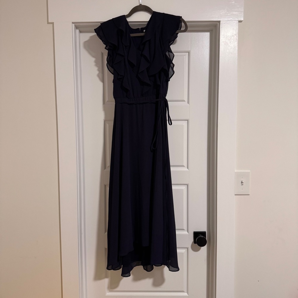 Maison Tara Navy Blue Ruffle V-Neck Midi Flutter Sleeve 8 Kentucky Derby‎ Dress